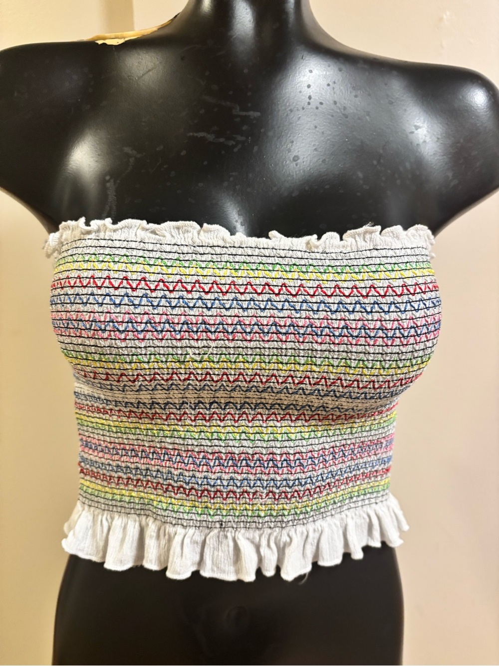 Smocked Multicolor Strapless Crop Top - White